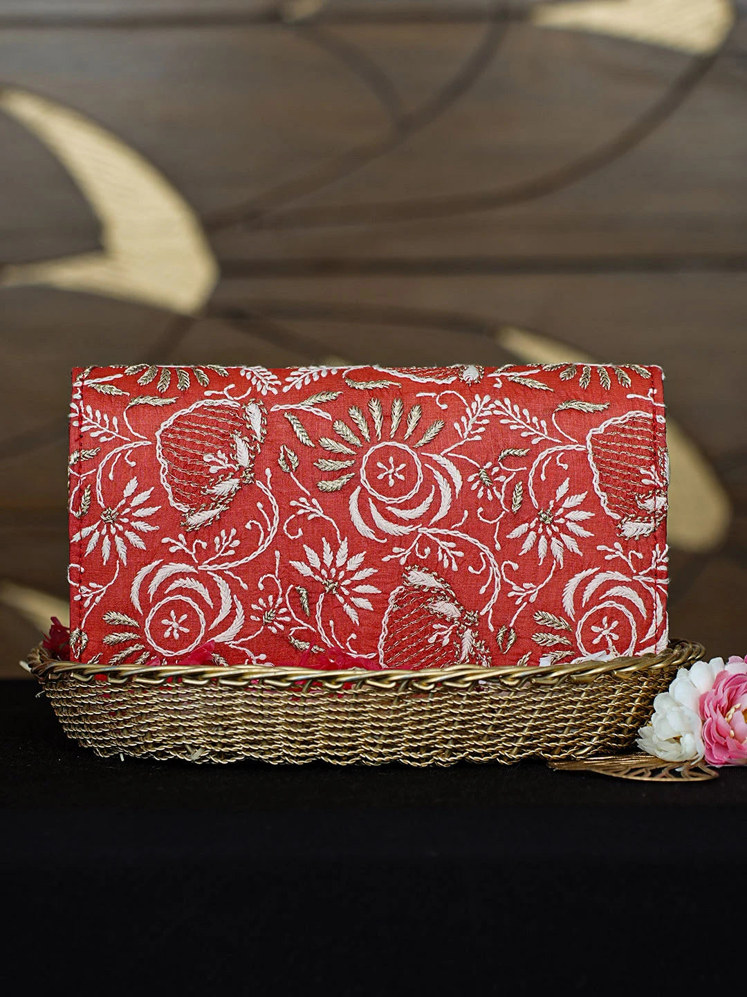 Ada Hand Embroidered Red Silk Lucknowi Chikankari Clutch With Zari Work 01A921511