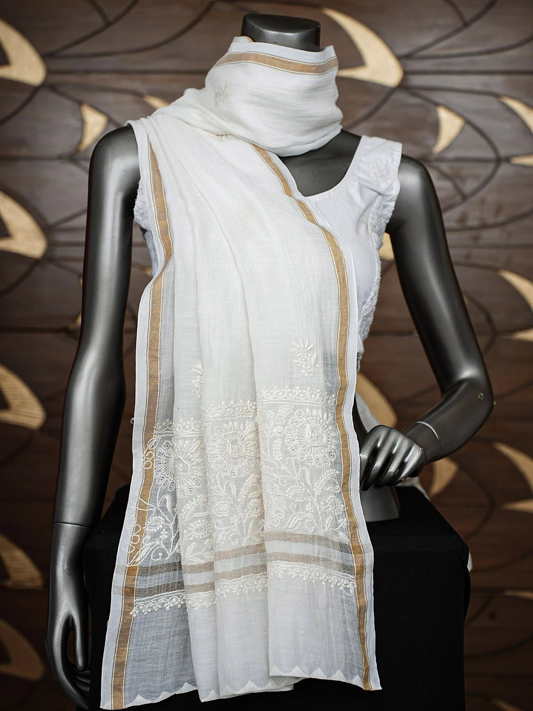 Ada Hand Embroidered Cream Chanderi Lucknowi Chikankari Dupatta 01A935458