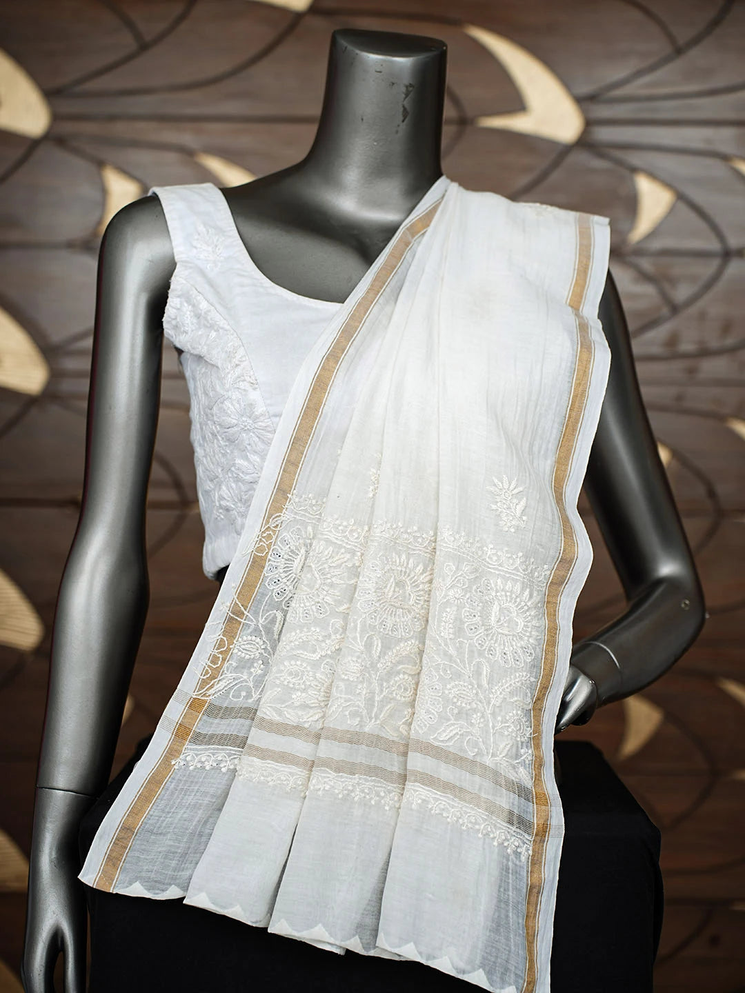 Ada Hand Embroidered Cream Chanderi Lucknowi Chikankari Dupatta 01A935458