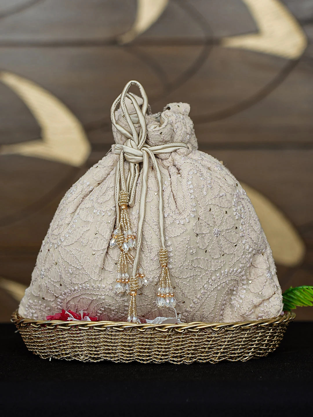 Ada Hand Embroidered Bone Brown Viscose Georgette Lucknowi Chikankari Potli Bag With Muqaish Work 01A963456