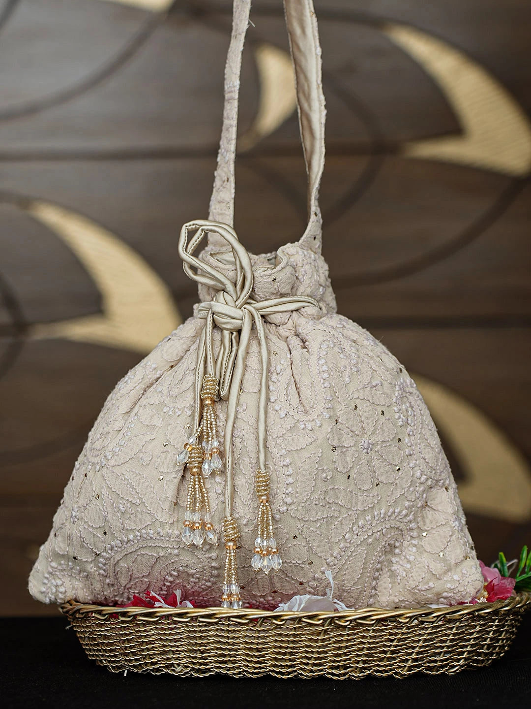 Ada Hand Embroidered Bone Brown Viscose Georgette Lucknowi Chikankari Potli Bag With Muqaish Work 01A963456