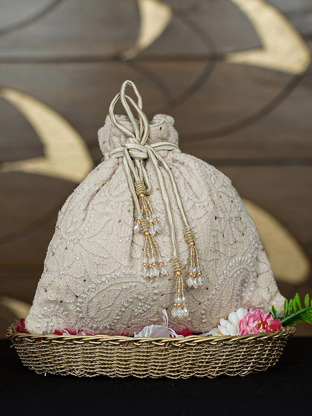 Ada Hand Embroidered Bone Brown Viscose Georgette Lucknowi Chikankari Potli Bag With Muqaish Work 01A963456