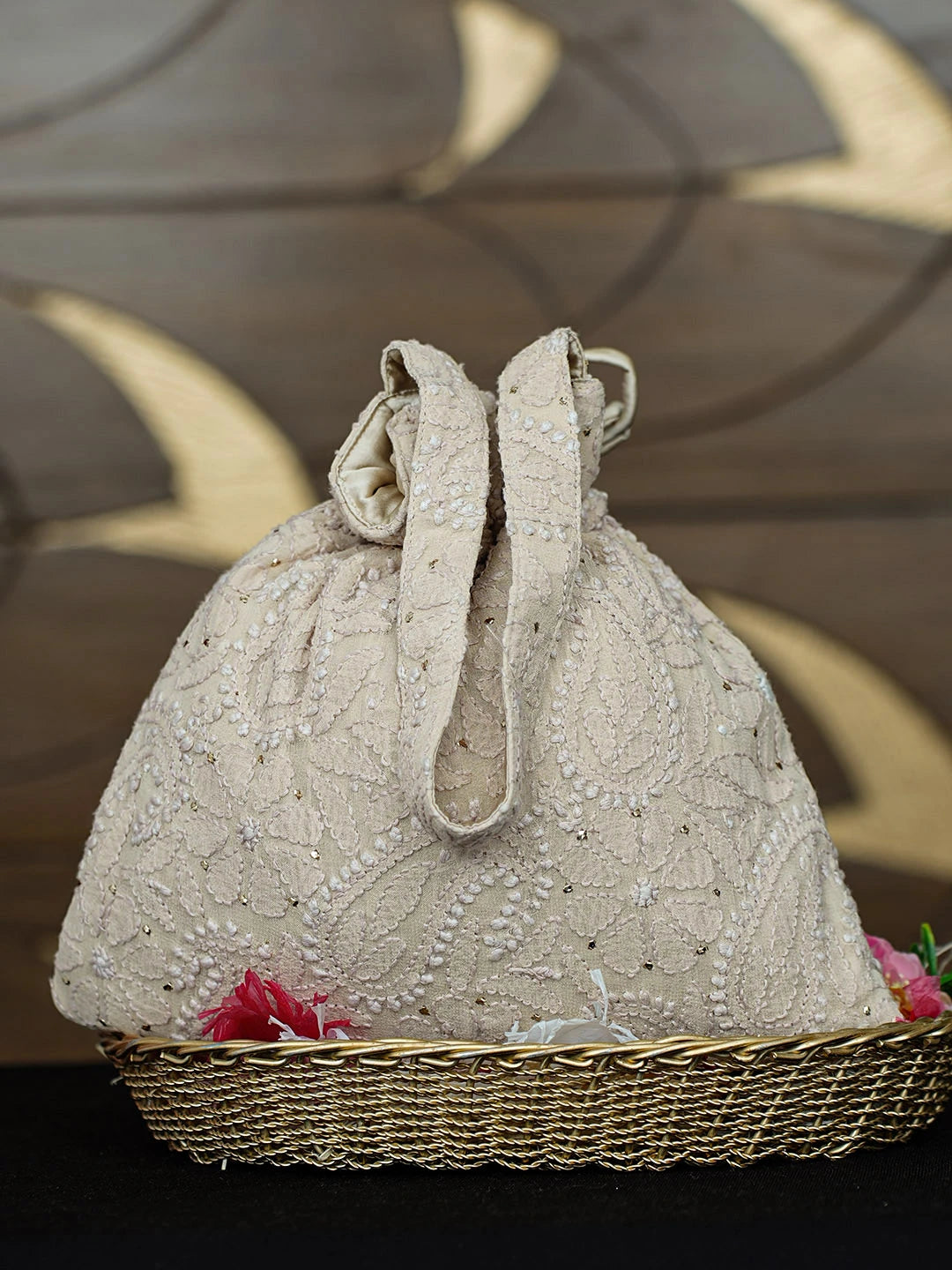 Ada Hand Embroidered Bone Brown Viscose Georgette Lucknowi Chikankari Potli Bag With Muqaish Work 01A963456