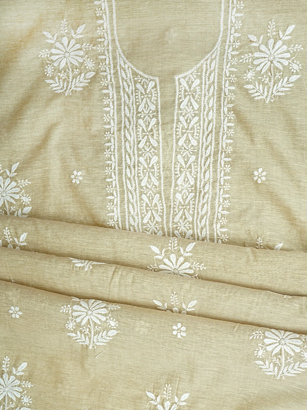 Ada Hand Embroidered Fawn Khadi Chanderi Lucknowi Chikankari Unstitched Kurta Dupatta Set 01A888685