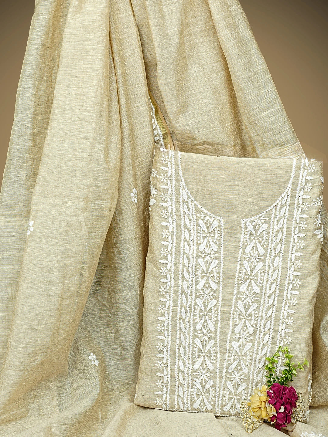 Ada Hand Embroidered Fawn Khadi Chanderi Lucknowi Chikankari Unstitched Kurta Dupatta Set 01A888685
