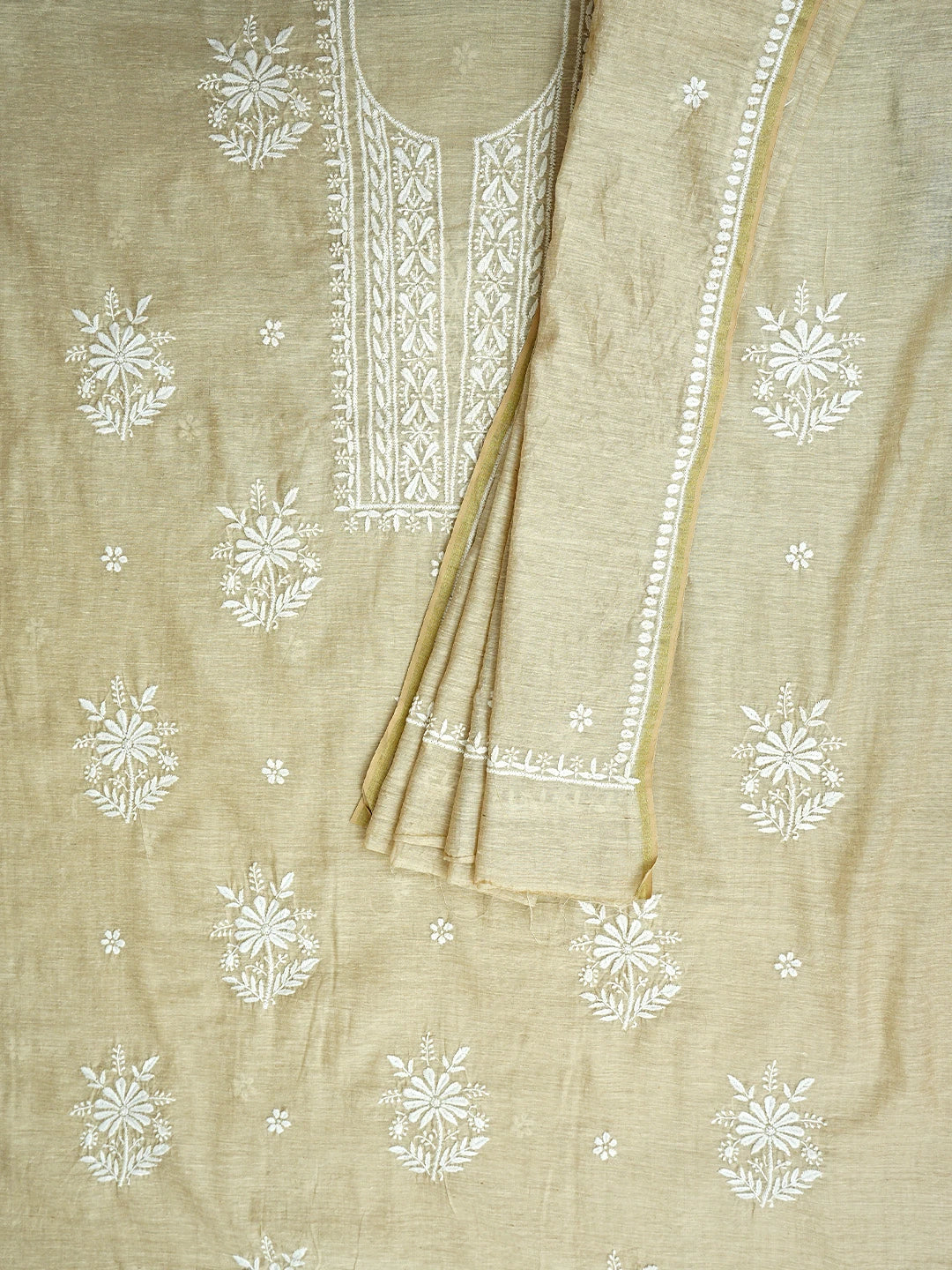 Ada Hand Embroidered Fawn Khadi Chanderi Lucknowi Chikankari Unstitched Kurta Dupatta Set 01A888685