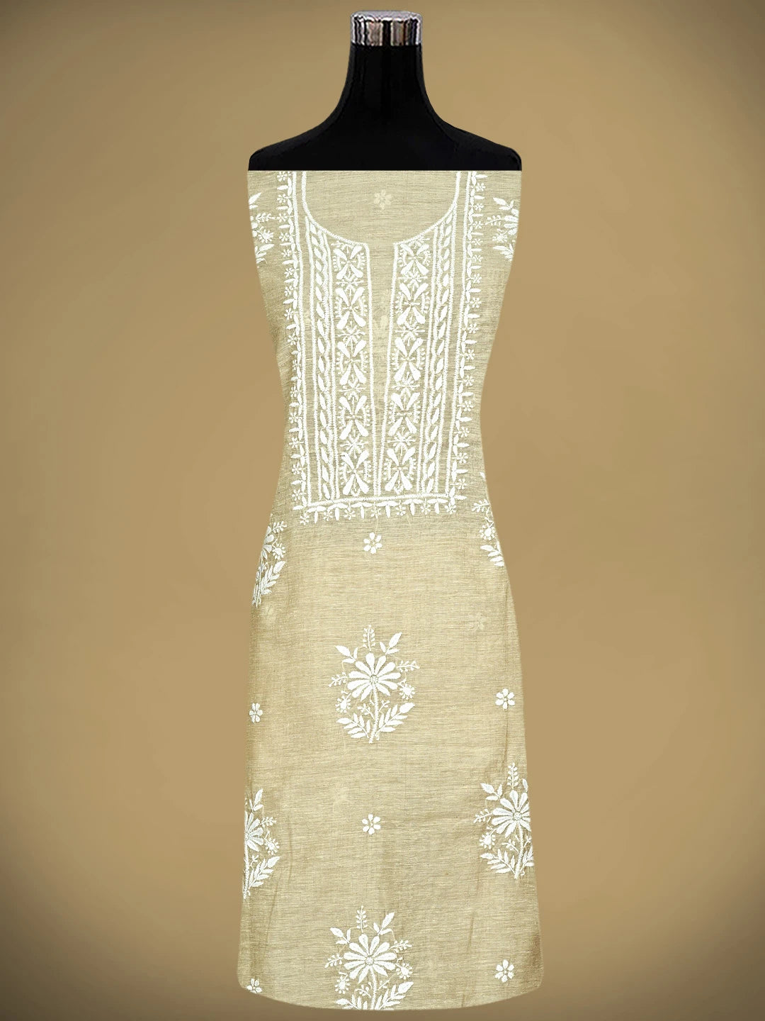 Ada Hand Embroidered Fawn Khadi Chanderi Lucknowi Chikankari Unstitched Kurta Dupatta Set 01A888685