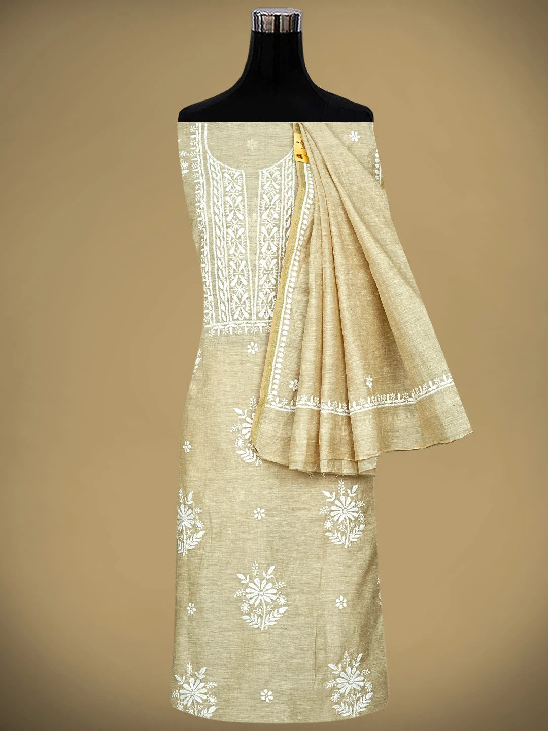 Ada Hand Embroidered Fawn Khadi Chanderi Lucknowi Chikankari Unstitched Kurta Dupatta Set 01A888685