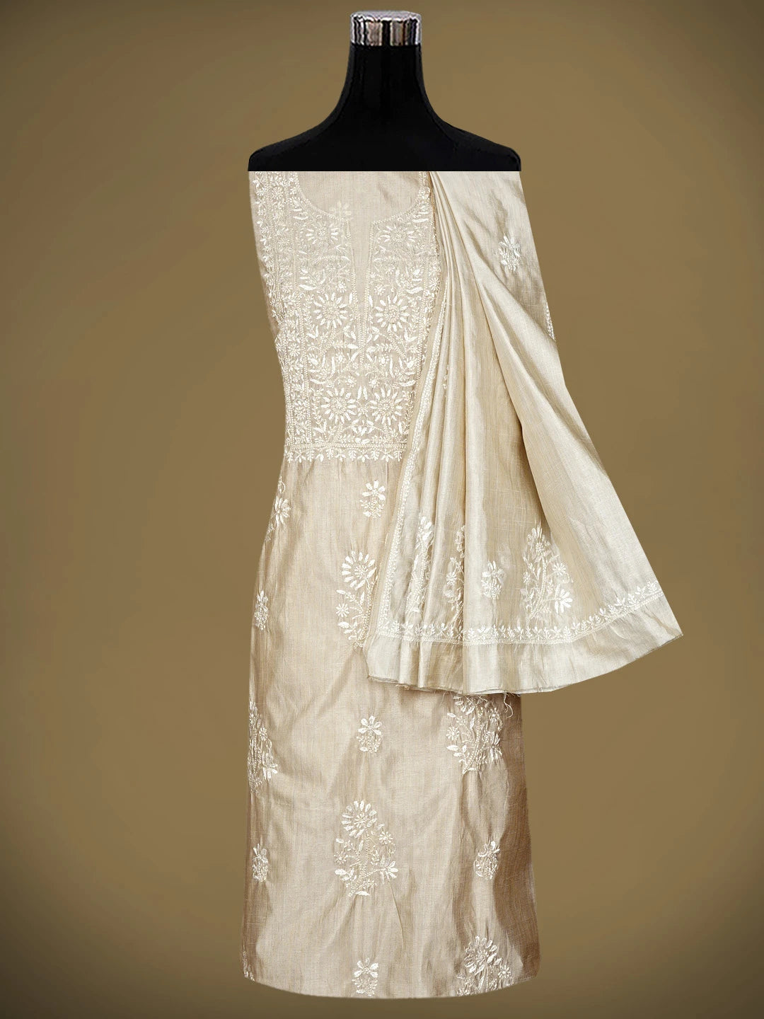 Ada Hand Embroidered Fawn Silk Lucknowi Chikankari Unstitched Kurta Dupatta Set 01A960618
