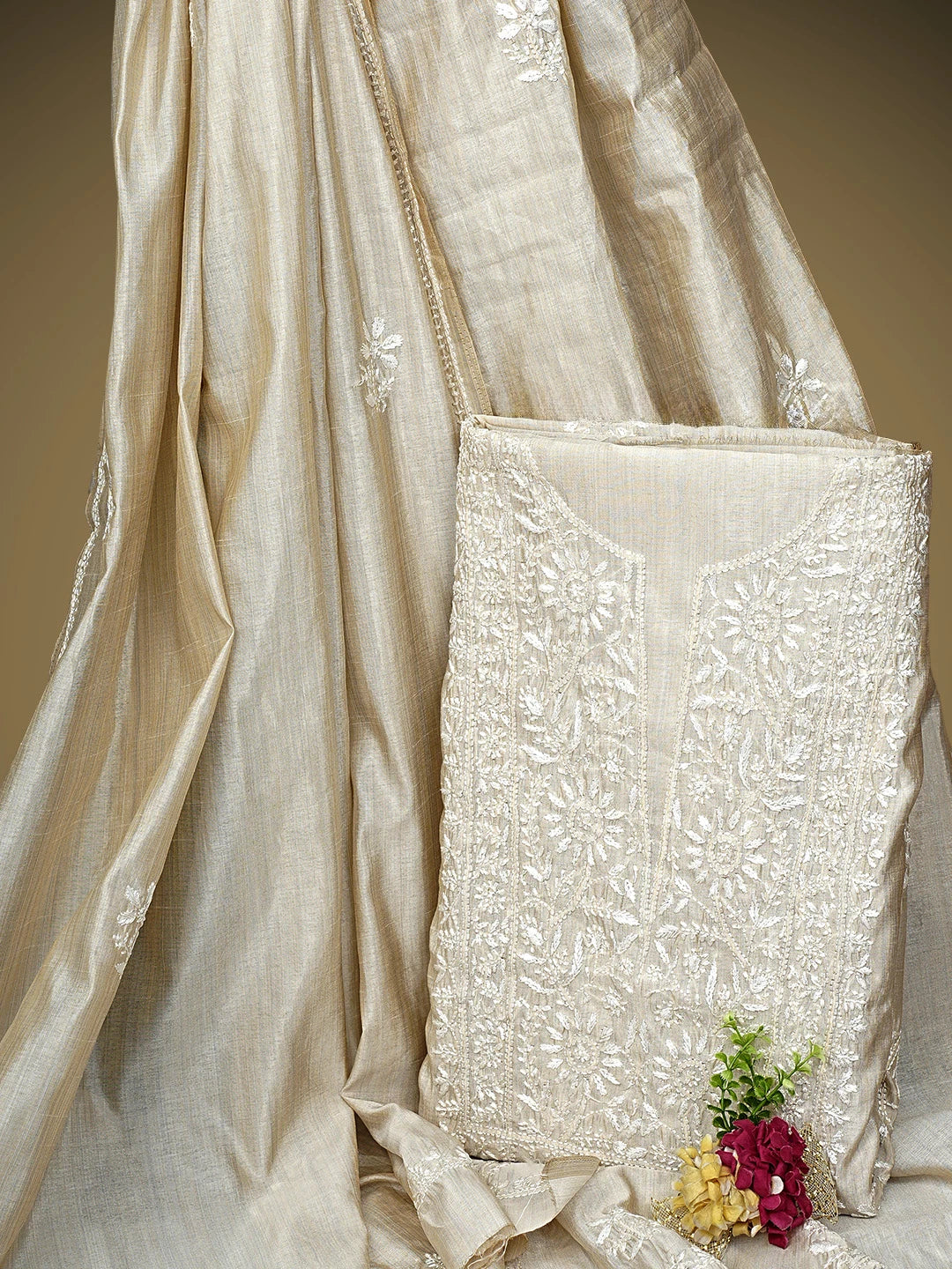 Ada Hand Embroidered Fawn Silk Lucknowi Chikankari Unstitched Kurta Dupatta Set 01A960618