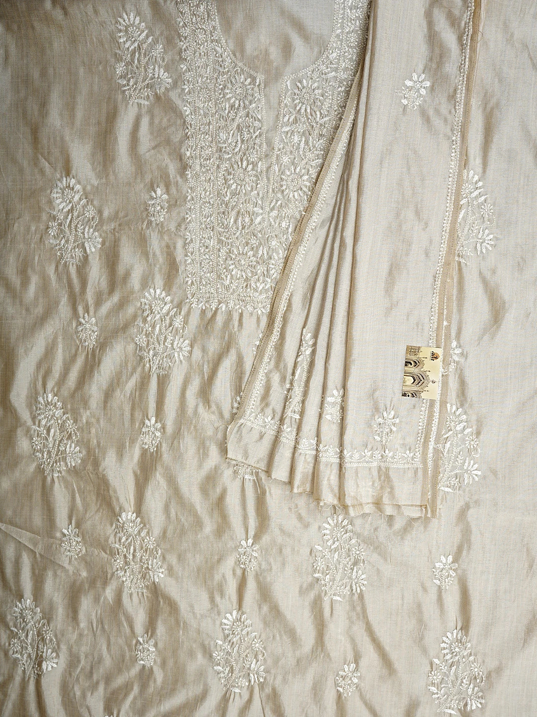 Ada Hand Embroidered Fawn Silk Lucknowi Chikankari Unstitched Kurta Dupatta Set 01A960618