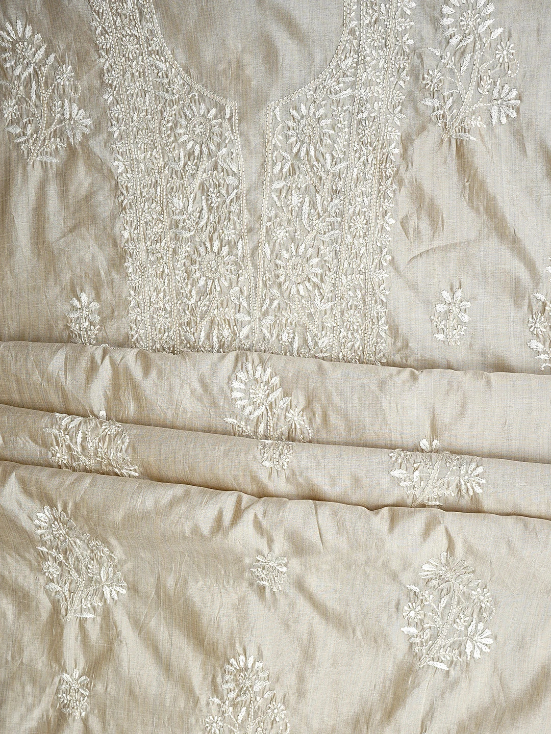 Ada Hand Embroidered Fawn Silk Lucknowi Chikankari Unstitched Kurta Dupatta Set 01A960618