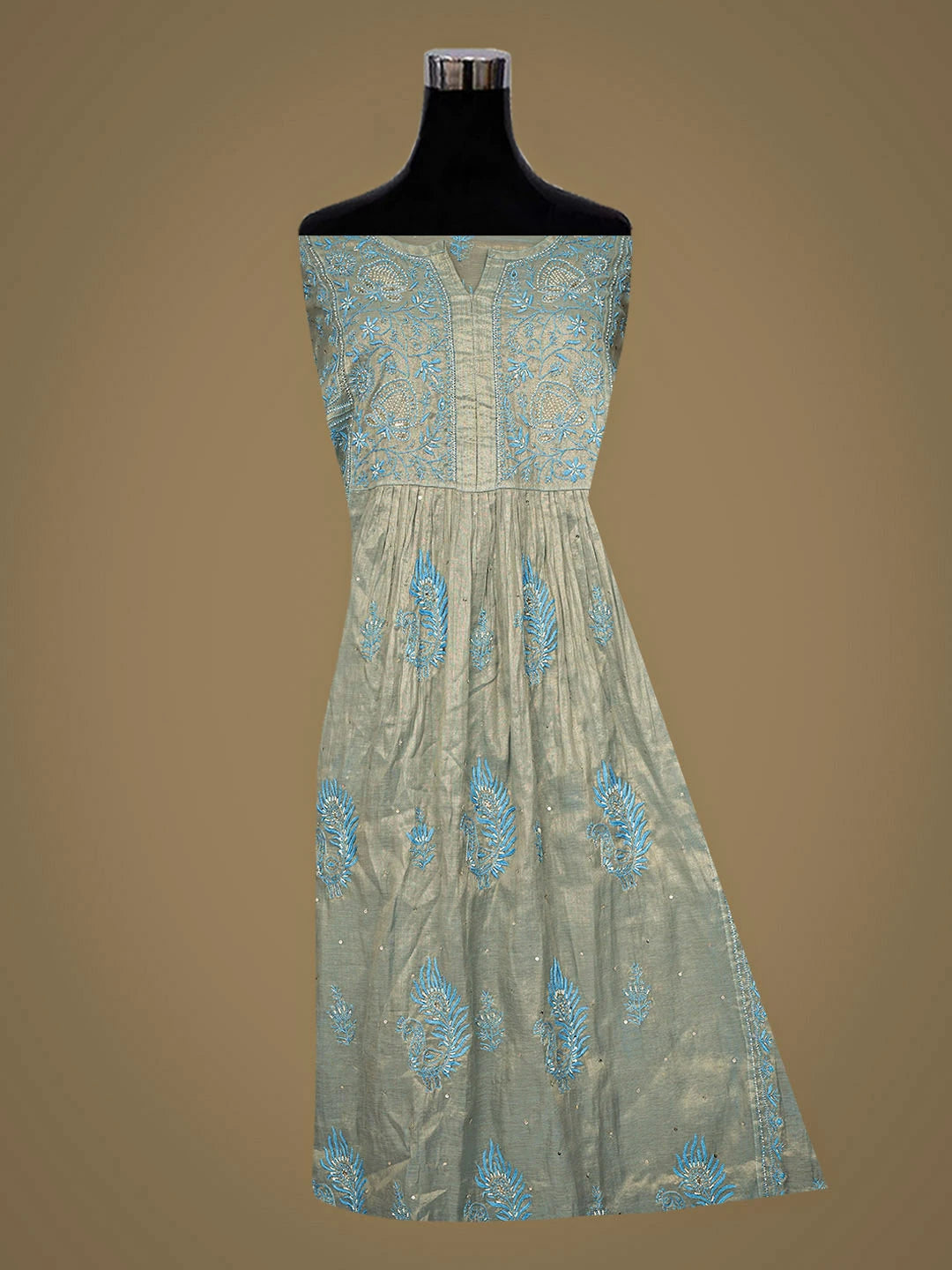 Ada Hand Embroidered Steel Blue Tissue Semi-Stitched Lucknowi Chikankari A-Line Kurta Dupatta Set With Pearl Work 01A912365