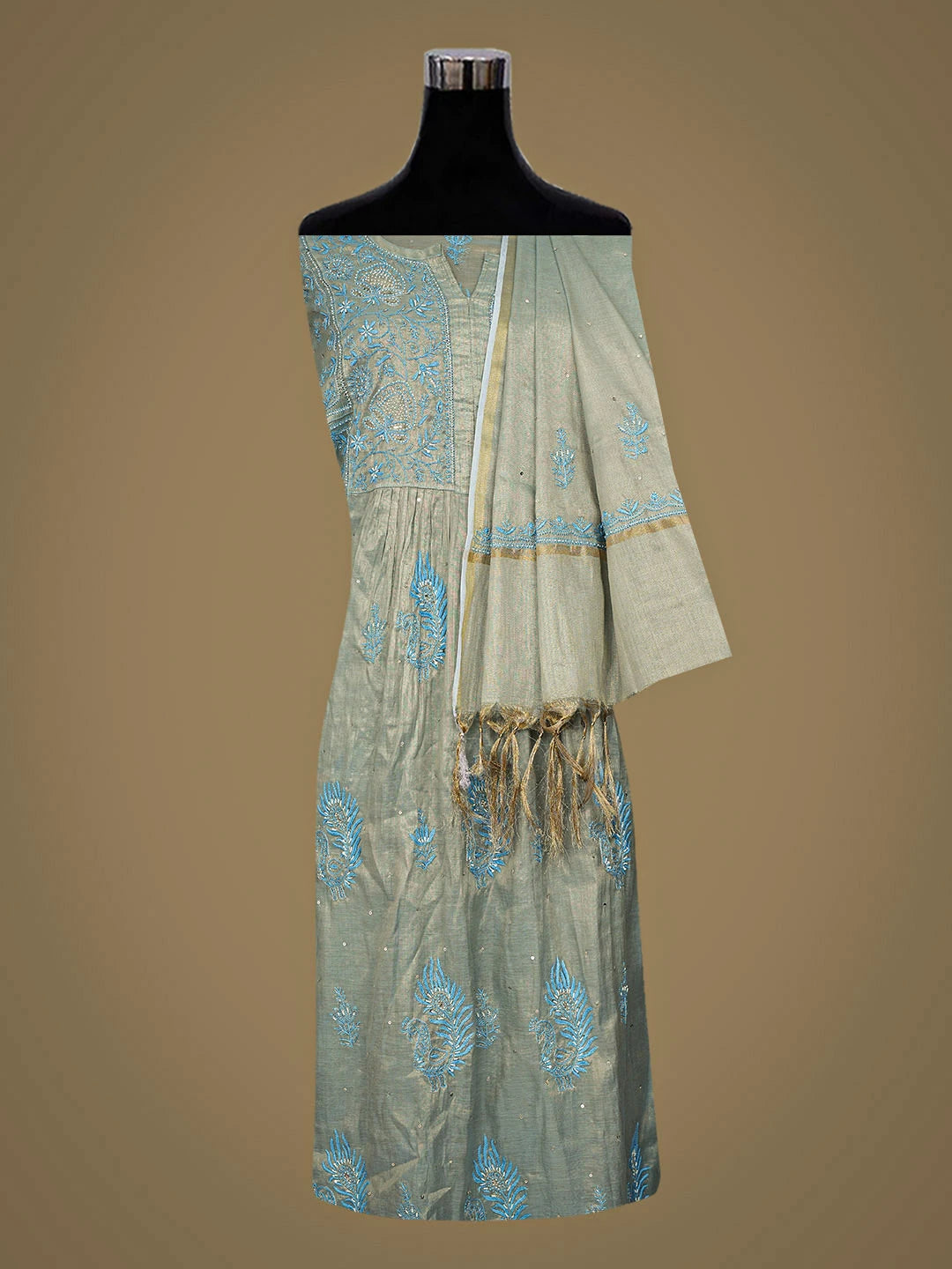 Ada Hand Embroidered Steel Blue Tissue Semi-Stitched Lucknowi Chikankari A-Line Kurta Dupatta Set With Pearl Work 01A912365