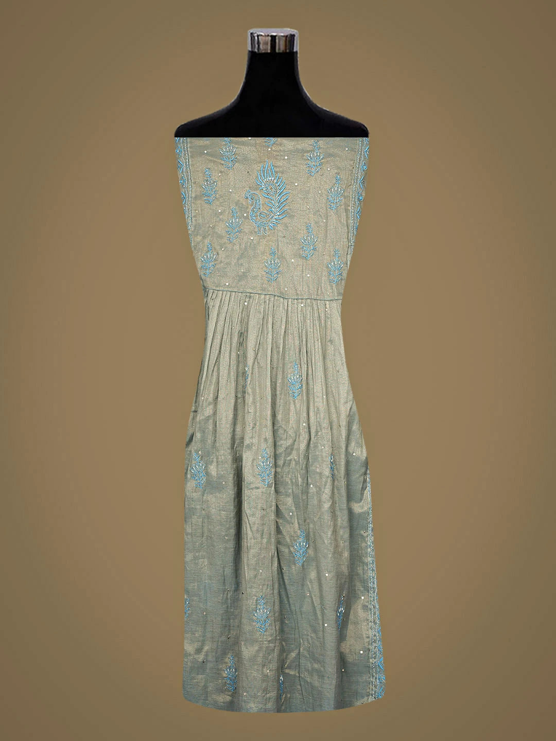 Ada Hand Embroidered Steel Blue Tissue Semi-Stitched Lucknowi Chikankari A-Line Kurta Dupatta Set With Pearl Work 01A912365