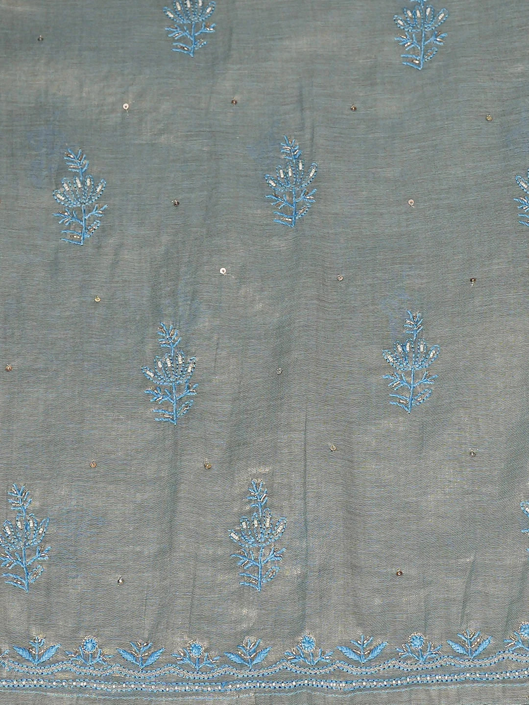 Ada Hand Embroidered Steel Blue Tissue Semi-Stitched Lucknowi Chikankari A-Line Kurta Dupatta Set With Pearl Work 01A912365