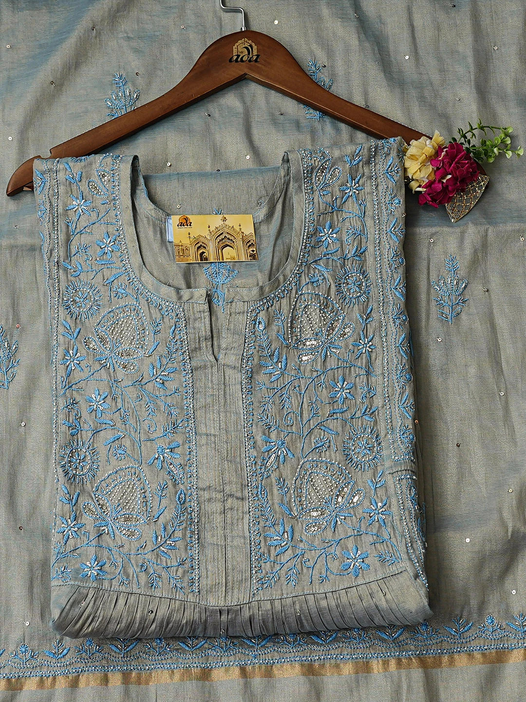 Ada Hand Embroidered Steel Blue Tissue Semi-Stitched Lucknowi Chikankari A-Line Kurta Dupatta Set With Pearl Work 01A912365