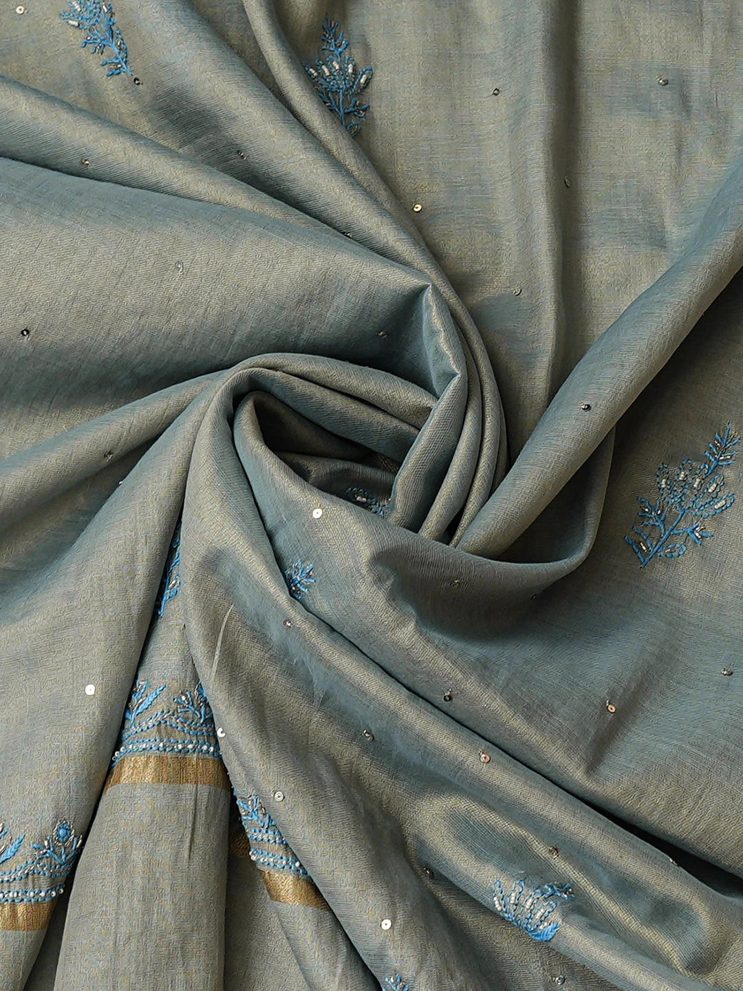 Ada Hand Embroidered Steel Blue Tissue Semi-Stitched Lucknowi Chikankari A-Line Kurta Dupatta Set With Pearl Work 01A912365