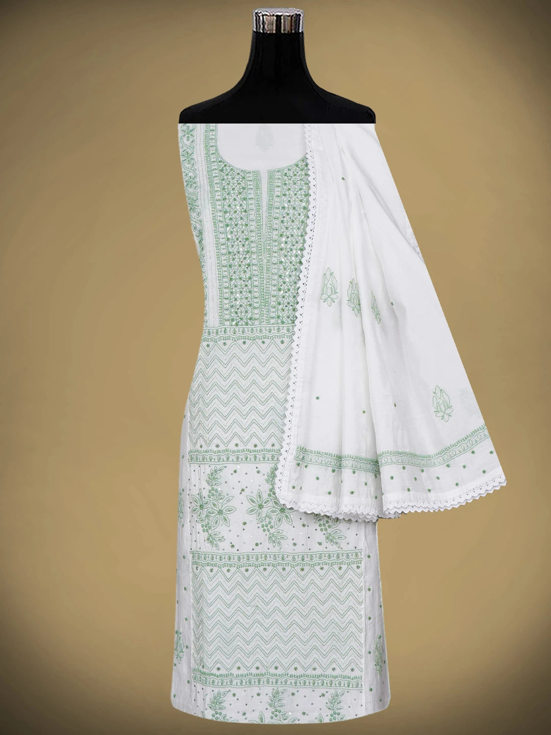 Ada Hand Embroidered White Chanderi Lucknowi Chikankari Semi Stitched Kurta Dupatta Set With Cutdana Work 01A954414