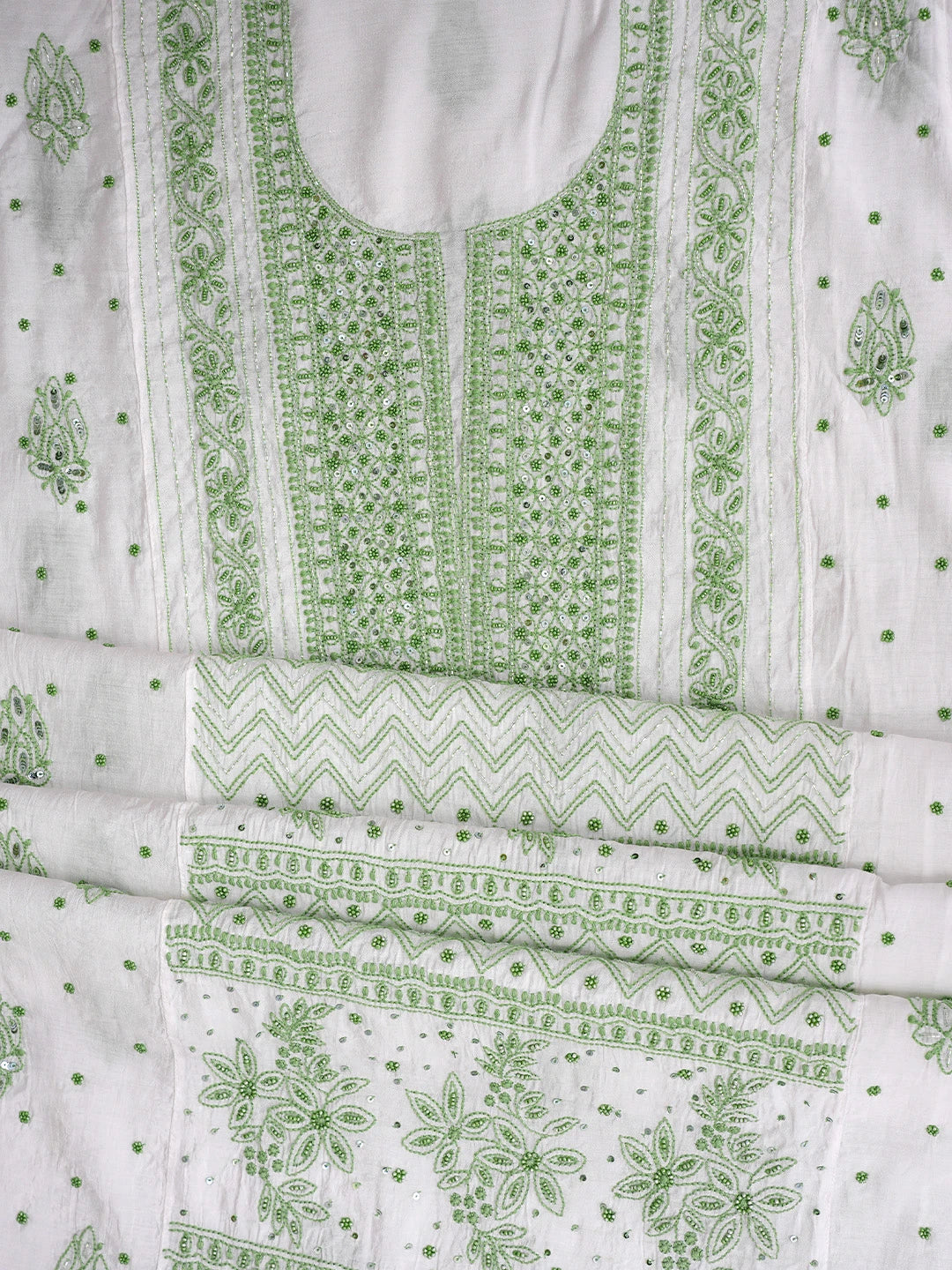 Ada Hand Embroidered White Chanderi Lucknowi Chikankari Semi Stitched Kurta Dupatta Set With Cutdana Work 01A954414