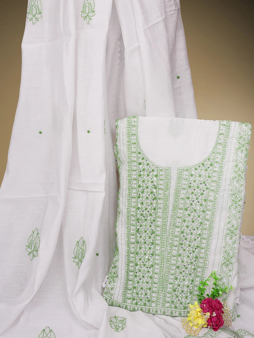 Ada Hand Embroidered White Chanderi Lucknowi Chikankari Semi Stitched Kurta Dupatta Set With Cutdana Work 01A954414
