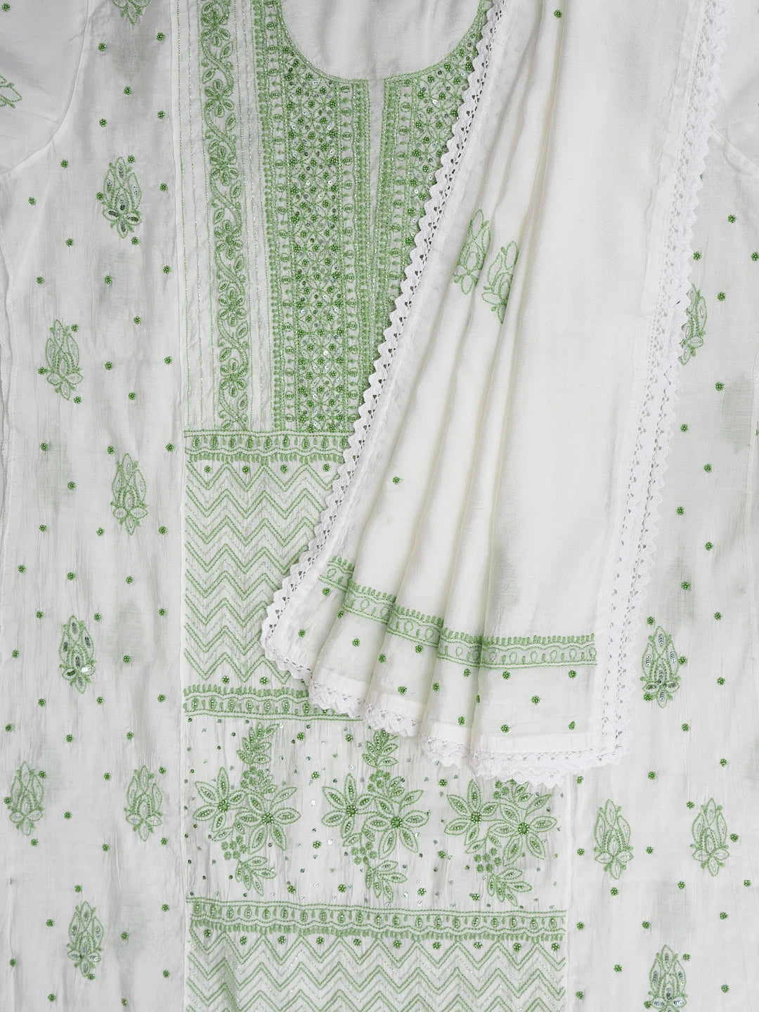 Ada Hand Embroidered White Chanderi Lucknowi Chikankari Semi Stitched Kurta Dupatta Set With Cutdana Work 01A954414
