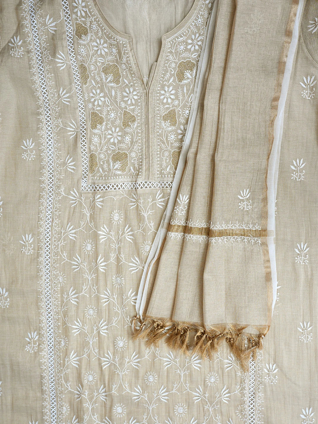 Ada Hand Embroidered Fawn Tissue Lucknowi Chikankari Semi Stitched Kurta Dupatta Set 01A500209