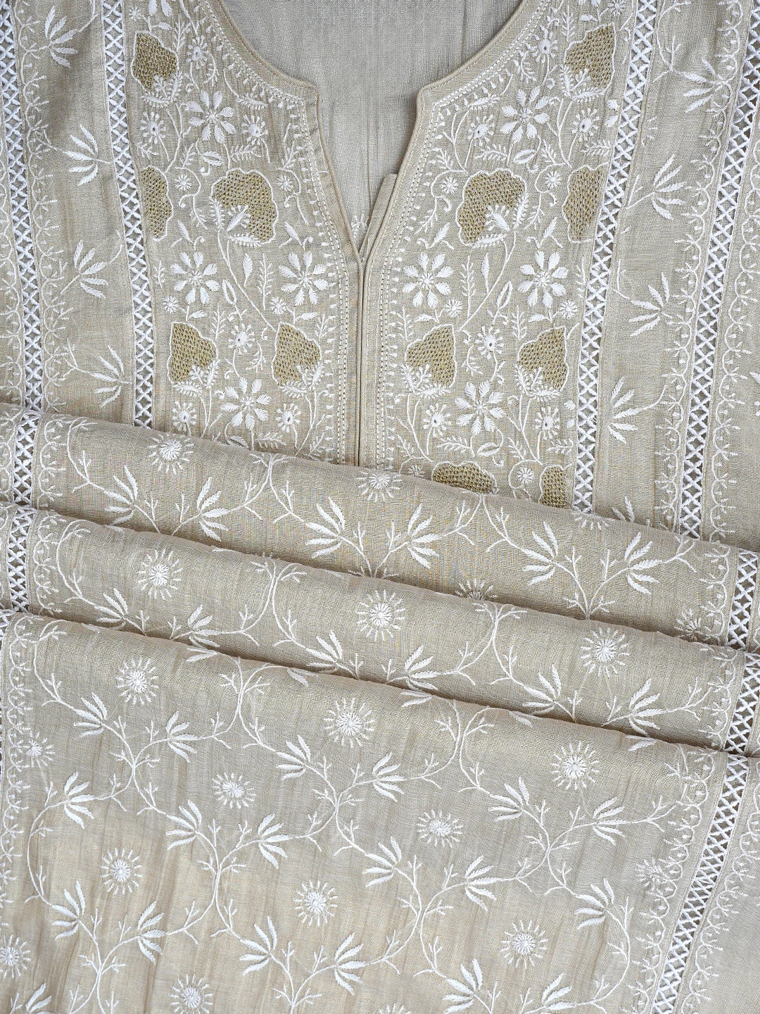 Ada Hand Embroidered Fawn Tissue Lucknowi Chikankari Semi Stitched Kurta Dupatta Set 01A500209