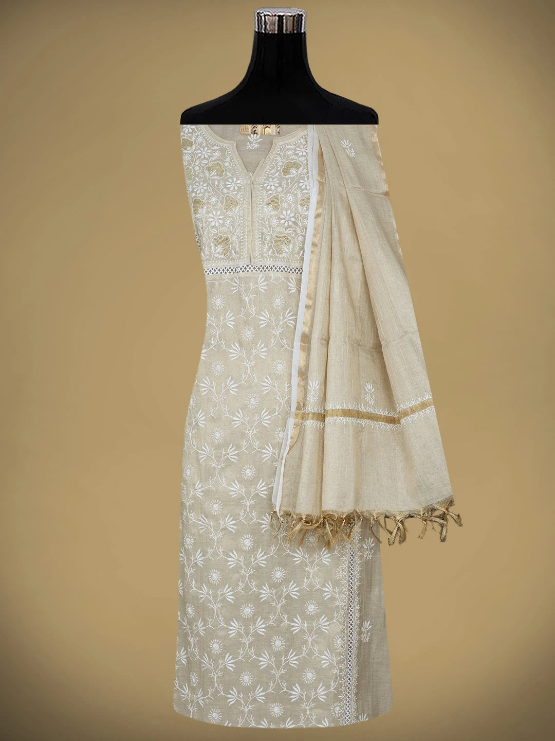 Ada Hand Embroidered Fawn Tissue Lucknowi Chikankari Semi Stitched Kurta Dupatta Set 01A500209