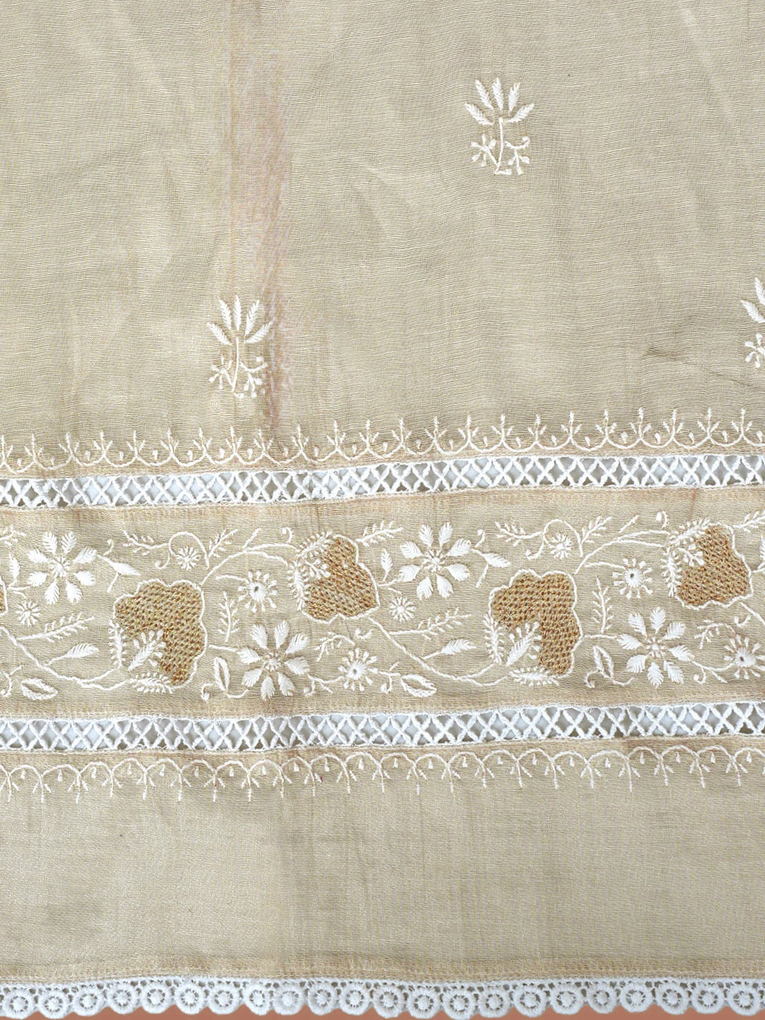 Ada Hand Embroidered Fawn Tissue Lucknowi Chikankari Semi Stitched Kurta Dupatta Set 01A500209