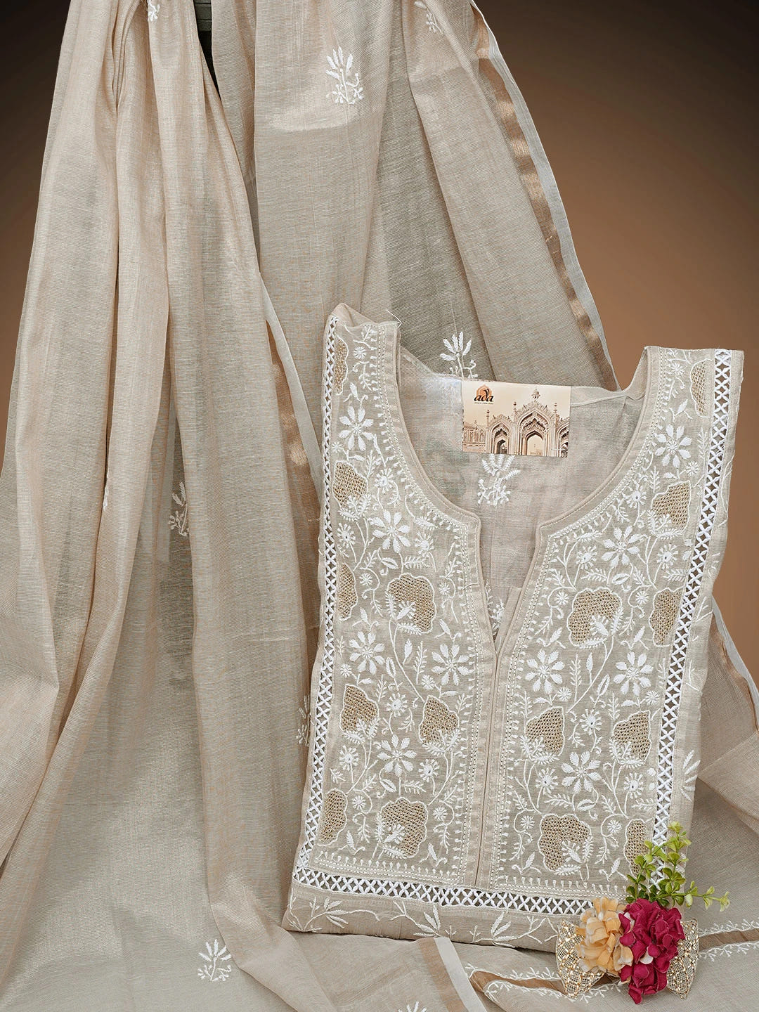 Ada Hand Embroidered Fawn Tissue Lucknowi Chikankari Semi Stitched Kurta Dupatta Set 01A500209