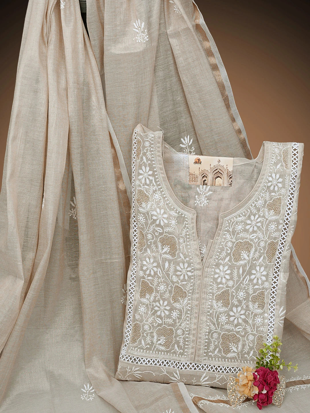 Ada Hand Embroidered Fawn Tissue Lucknowi Chikankari Semi Stitched Kurta Dupatta Set 01A500209