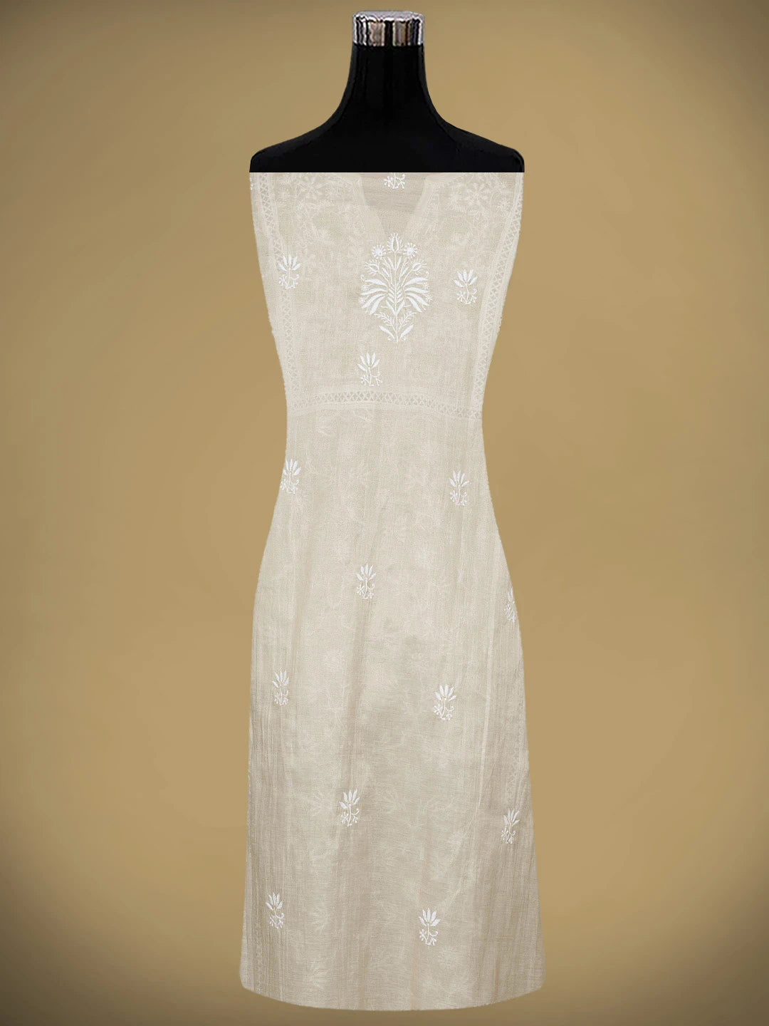 Ada Hand Embroidered Fawn Tissue Lucknowi Chikankari Semi Stitched Kurta Dupatta Set 01A500209