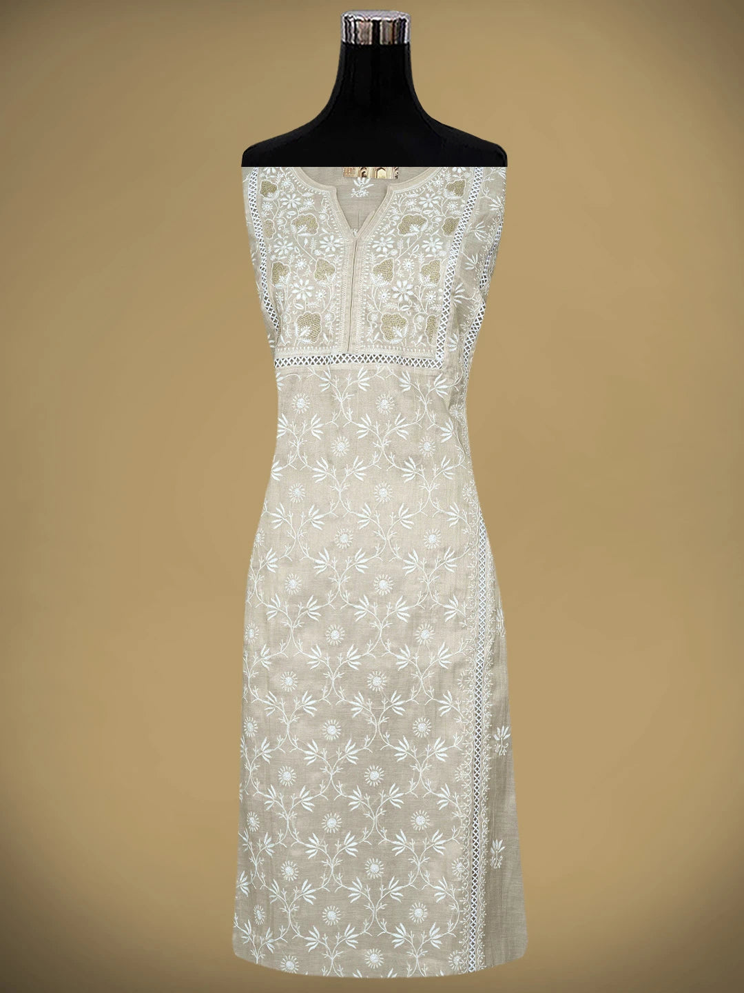 Ada Hand Embroidered Fawn Tissue Lucknowi Chikankari Semi Stitched Kurta Dupatta Set 01A500209