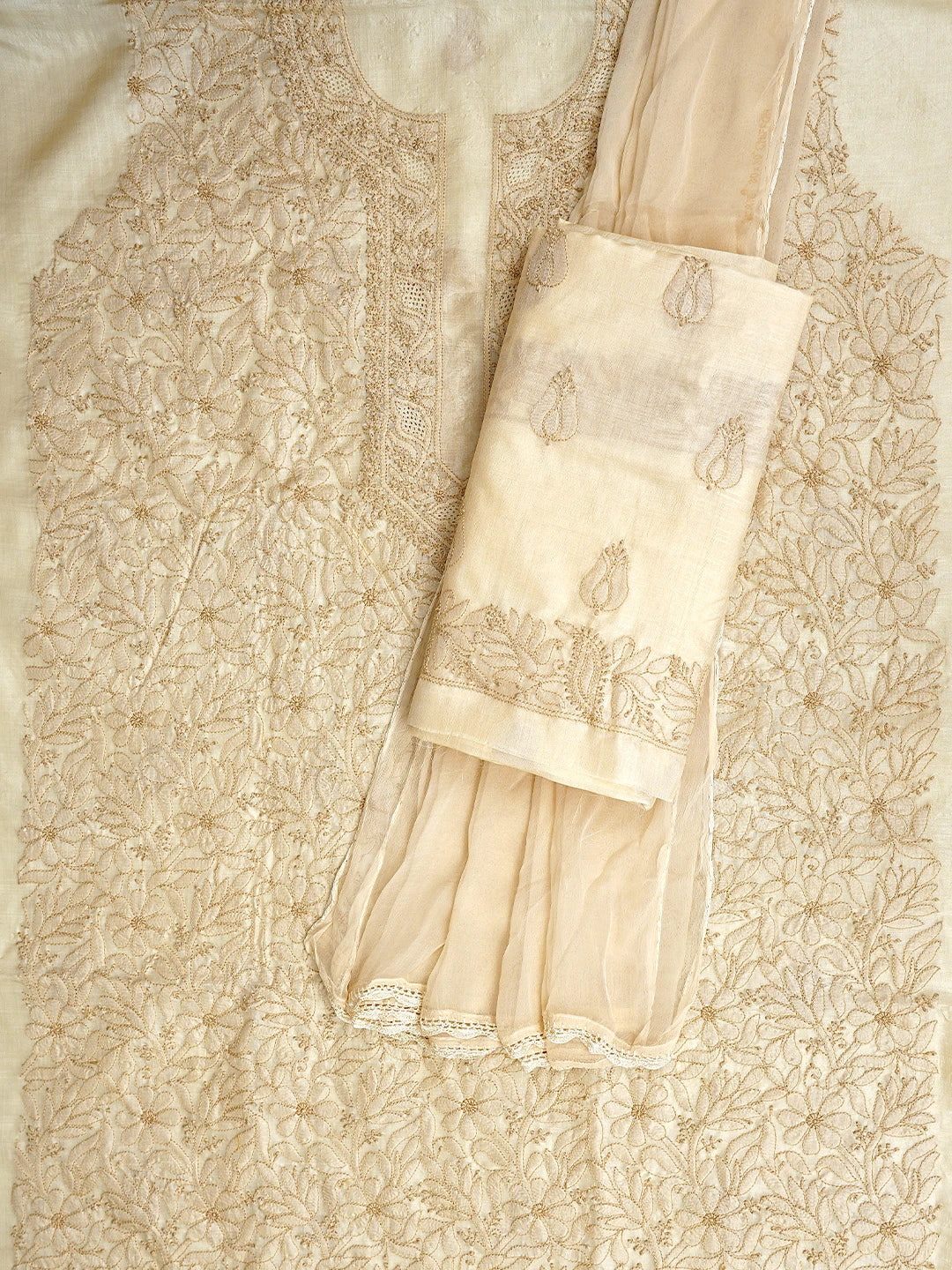 Ada Hand Embroidered Light Fawn Silk Lucknowi Chikankari Unstitched Suit Piece 01A965329