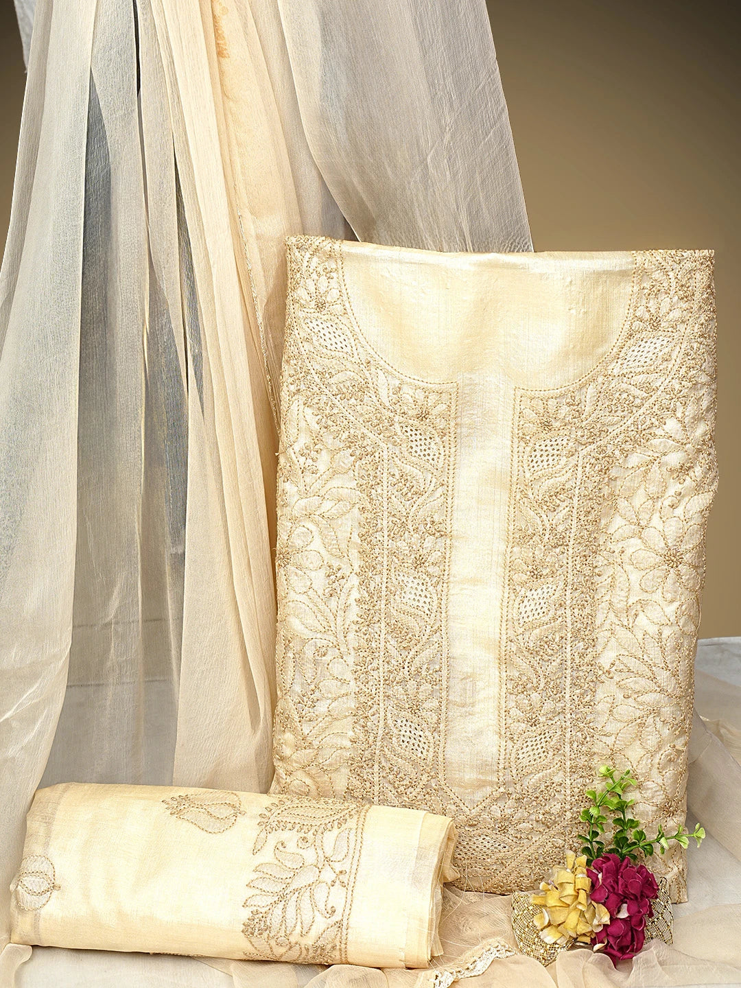 Ada Hand Embroidered Light Fawn Silk Lucknowi Chikankari Unstitched Suit Piece 01A965329