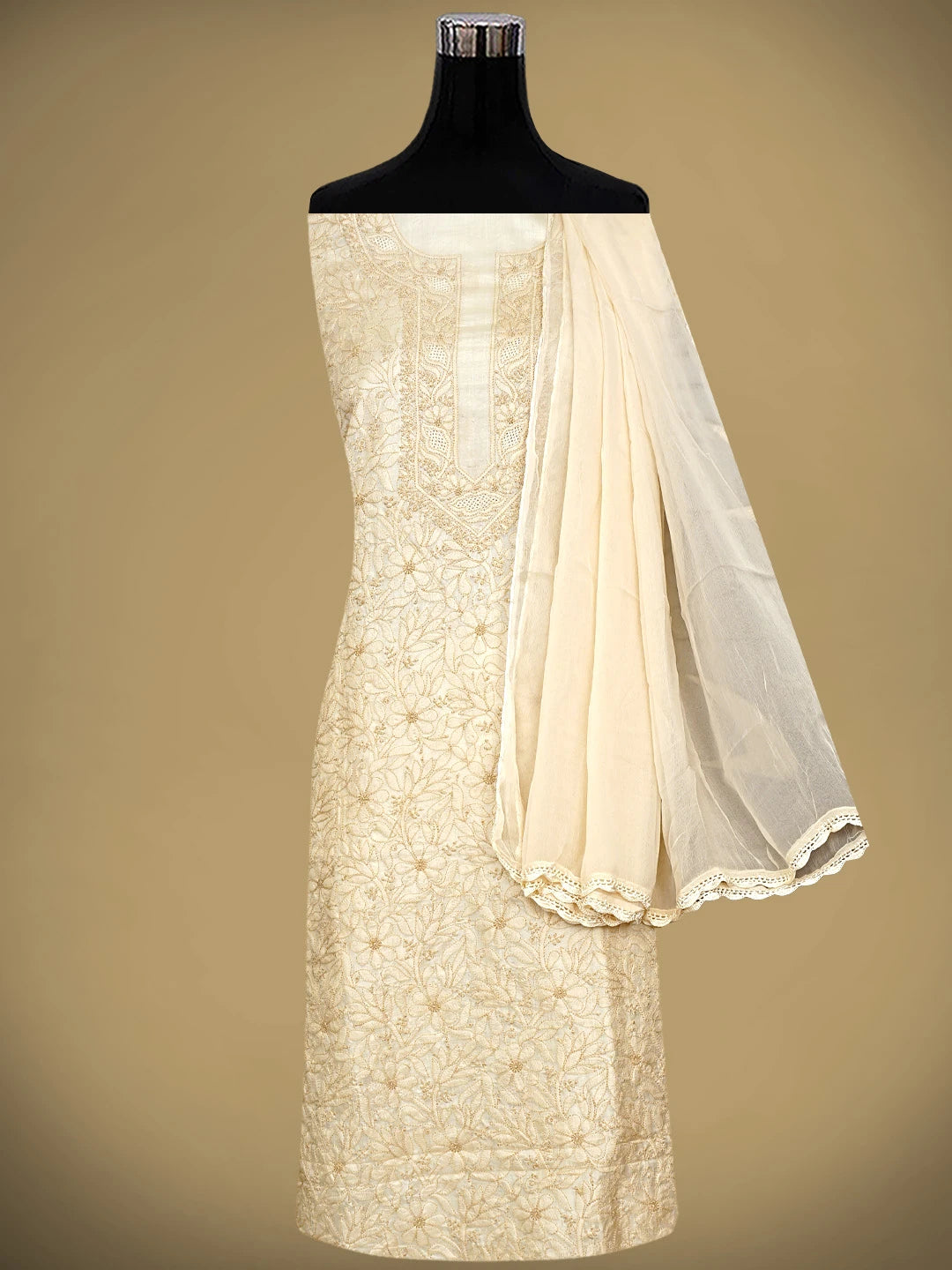 Ada Hand Embroidered Light Fawn Silk Lucknowi Chikankari Unstitched Suit Piece 01A965329