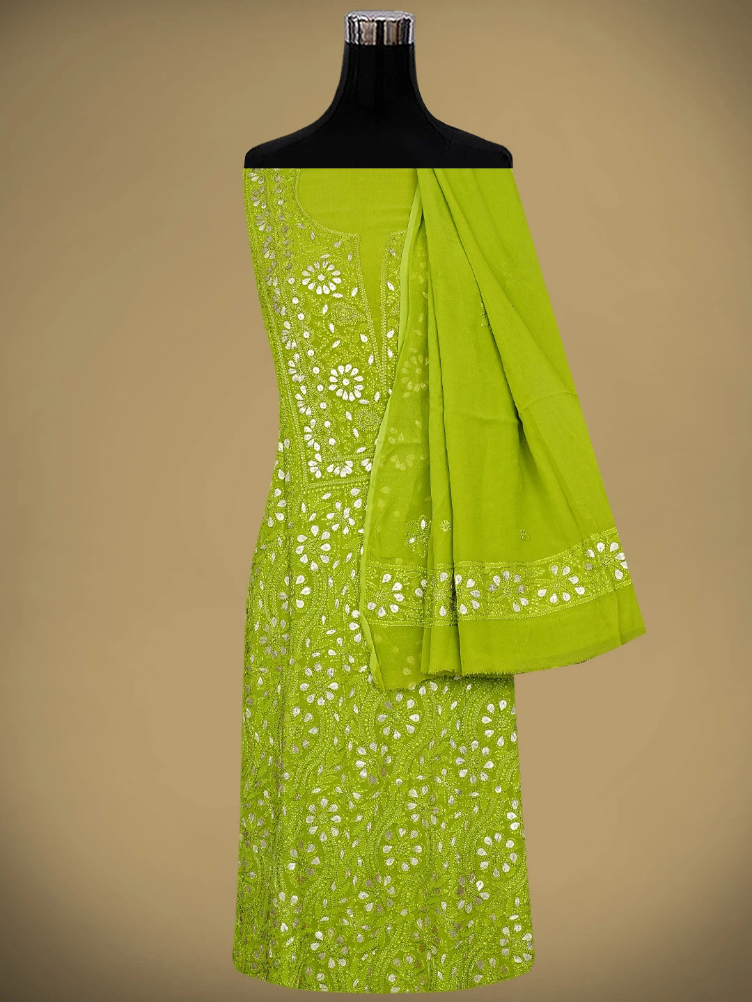 Ada Hand Embroidered Green Viscose Georgette Lucknowi Chikankari Unstitched Kurta Dupatta Set With Gota Patti Work 01A933449
