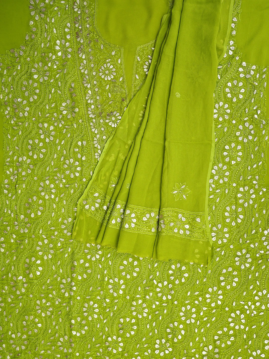 Ada Hand Embroidered Green Viscose Georgette Lucknowi Chikankari Unstitched Kurta Dupatta Set With Gota Patti Work 01A933449