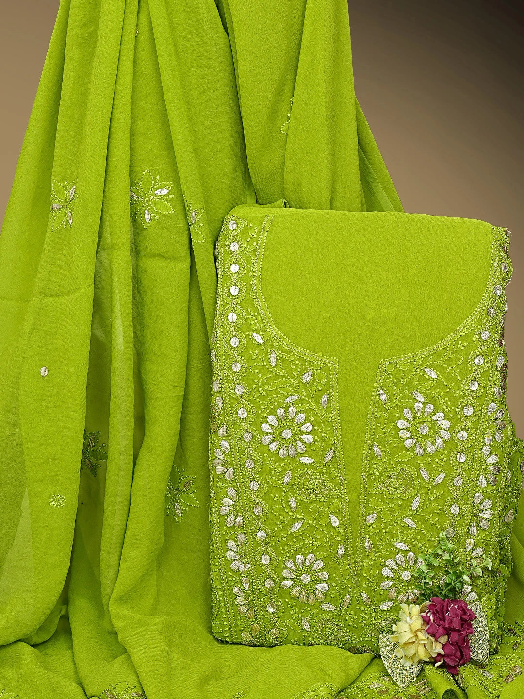 Ada Hand Embroidered Green Viscose Georgette Lucknowi Chikankari Unstitched Kurta Dupatta Set With Gota Patti Work 01A933449