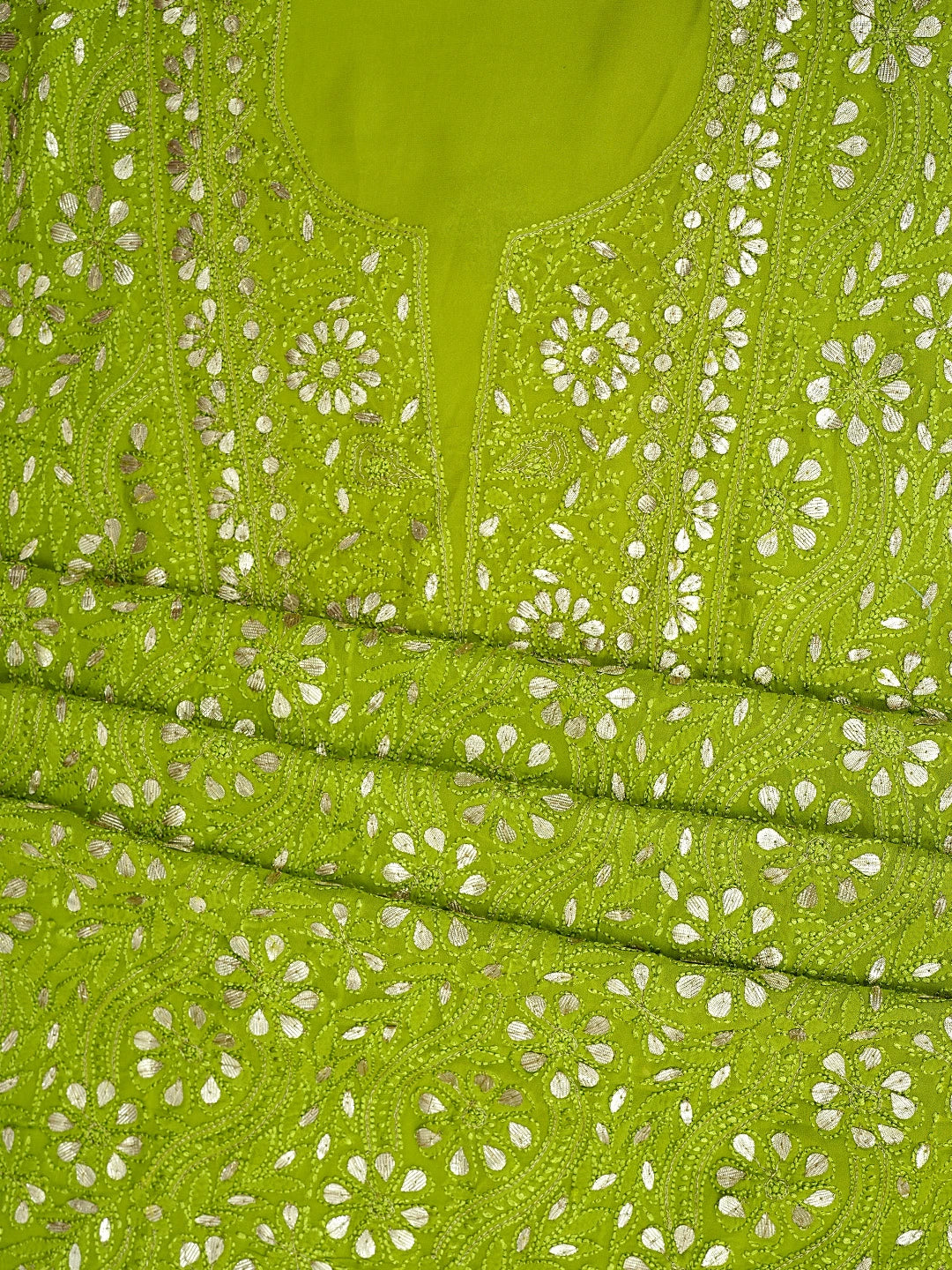 Ada Hand Embroidered Green Viscose Georgette Lucknowi Chikankari Unstitched Kurta Dupatta Set With Gota Patti Work 01A933449