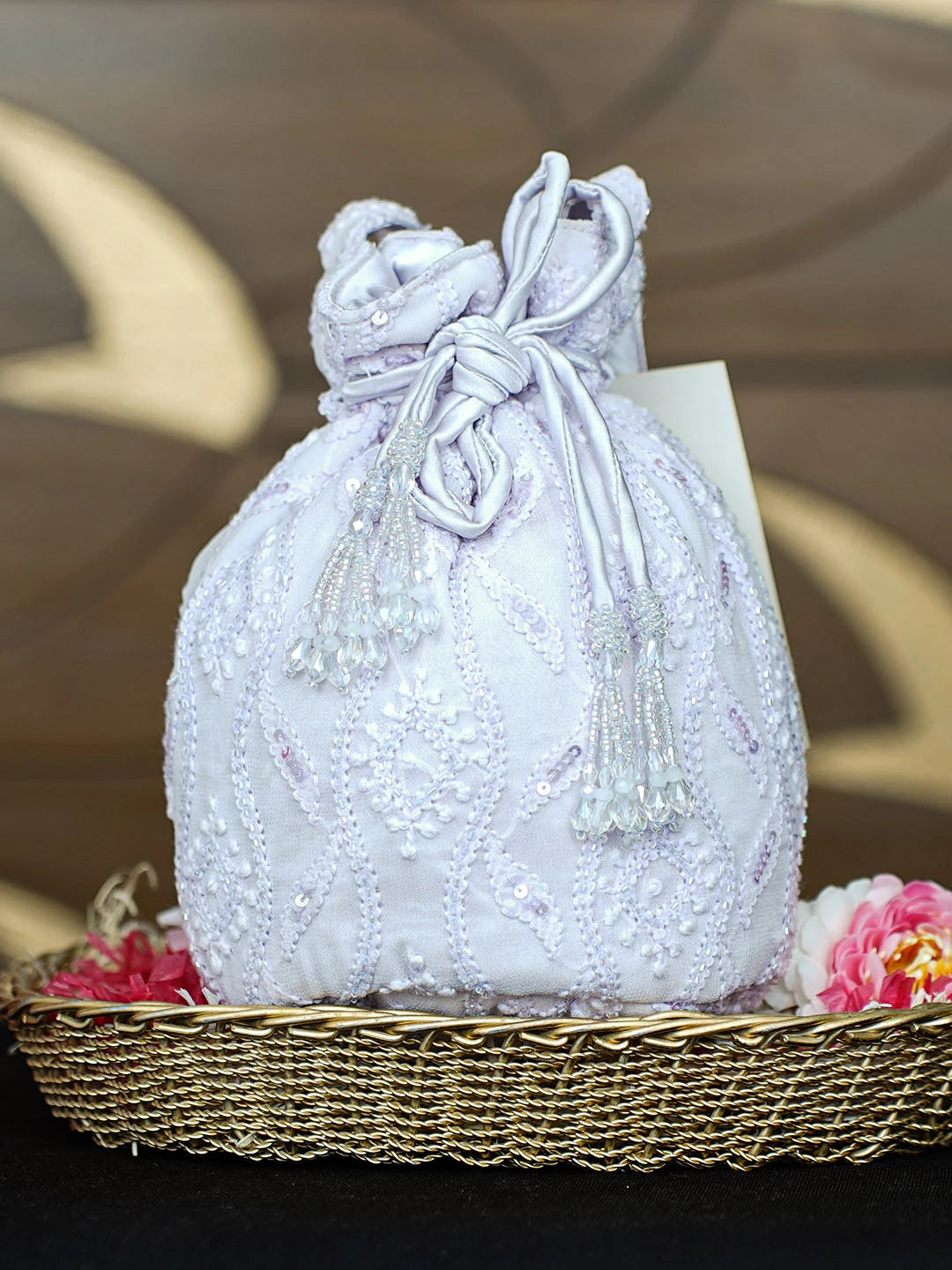 Ada Hand Embroidered Lavender Viscose Georgette Lucknowi Chikankari Potli Bag With Cutdana Work 01A955266