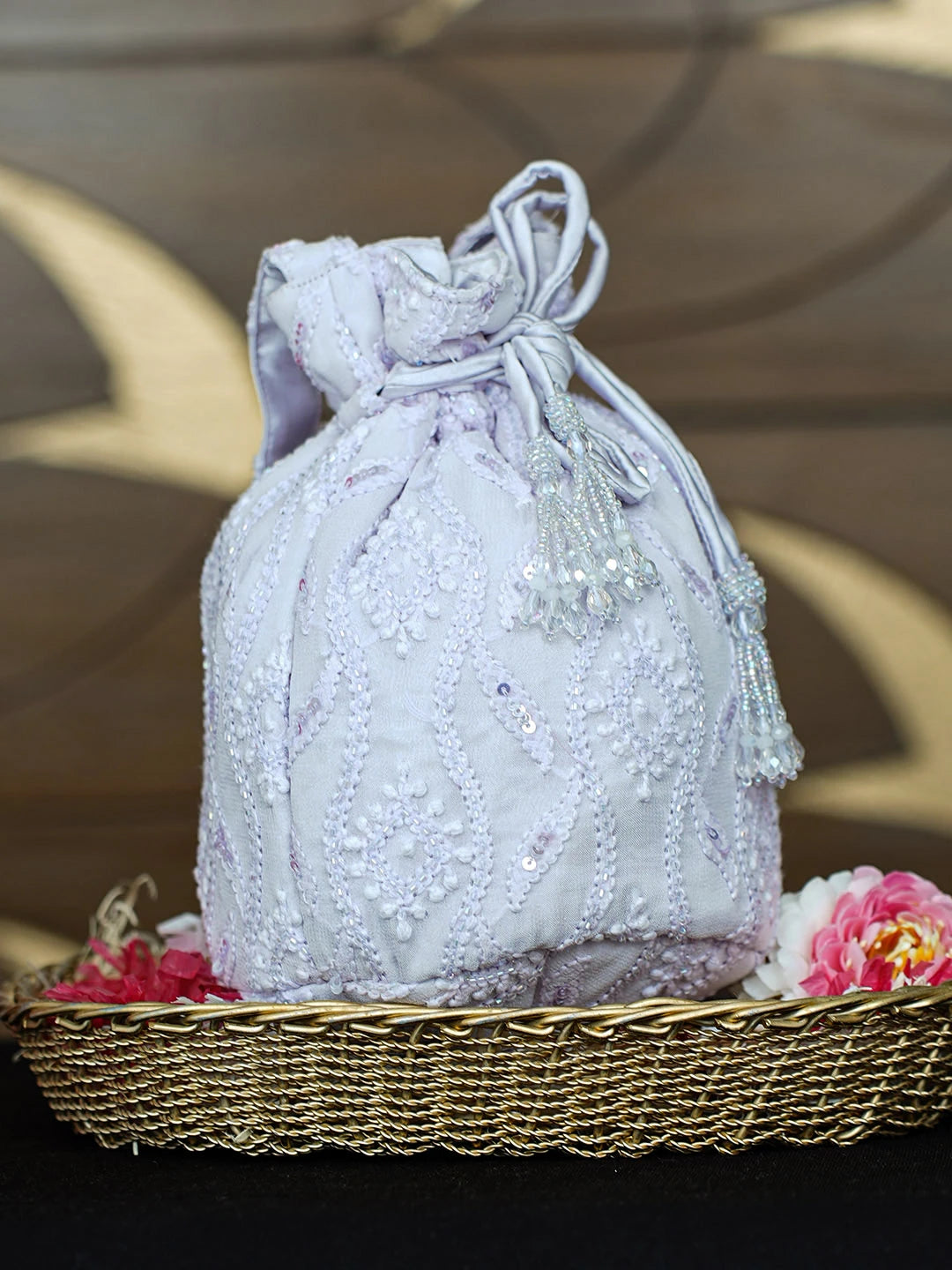 Ada Hand Embroidered Lavender Viscose Georgette Lucknowi Chikankari Potli Bag With Cutdana Work 01A955266