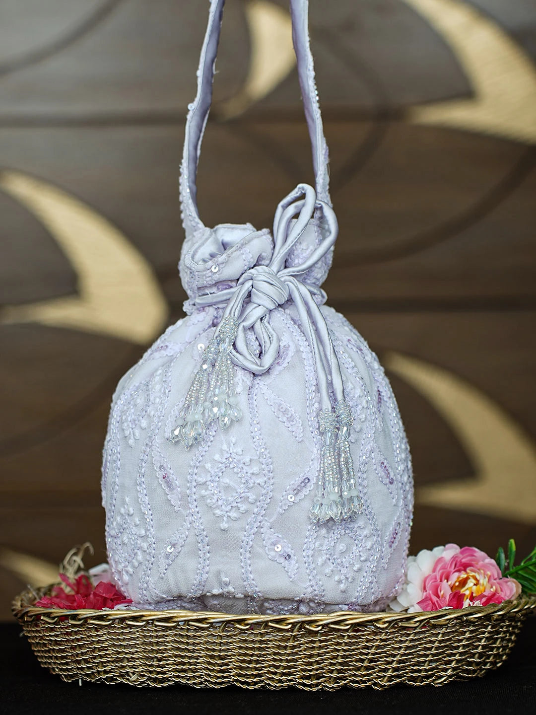 Ada Hand Embroidered Lavender Viscose Georgette Lucknowi Chikankari Potli Bag With Cutdana Work 01A955266