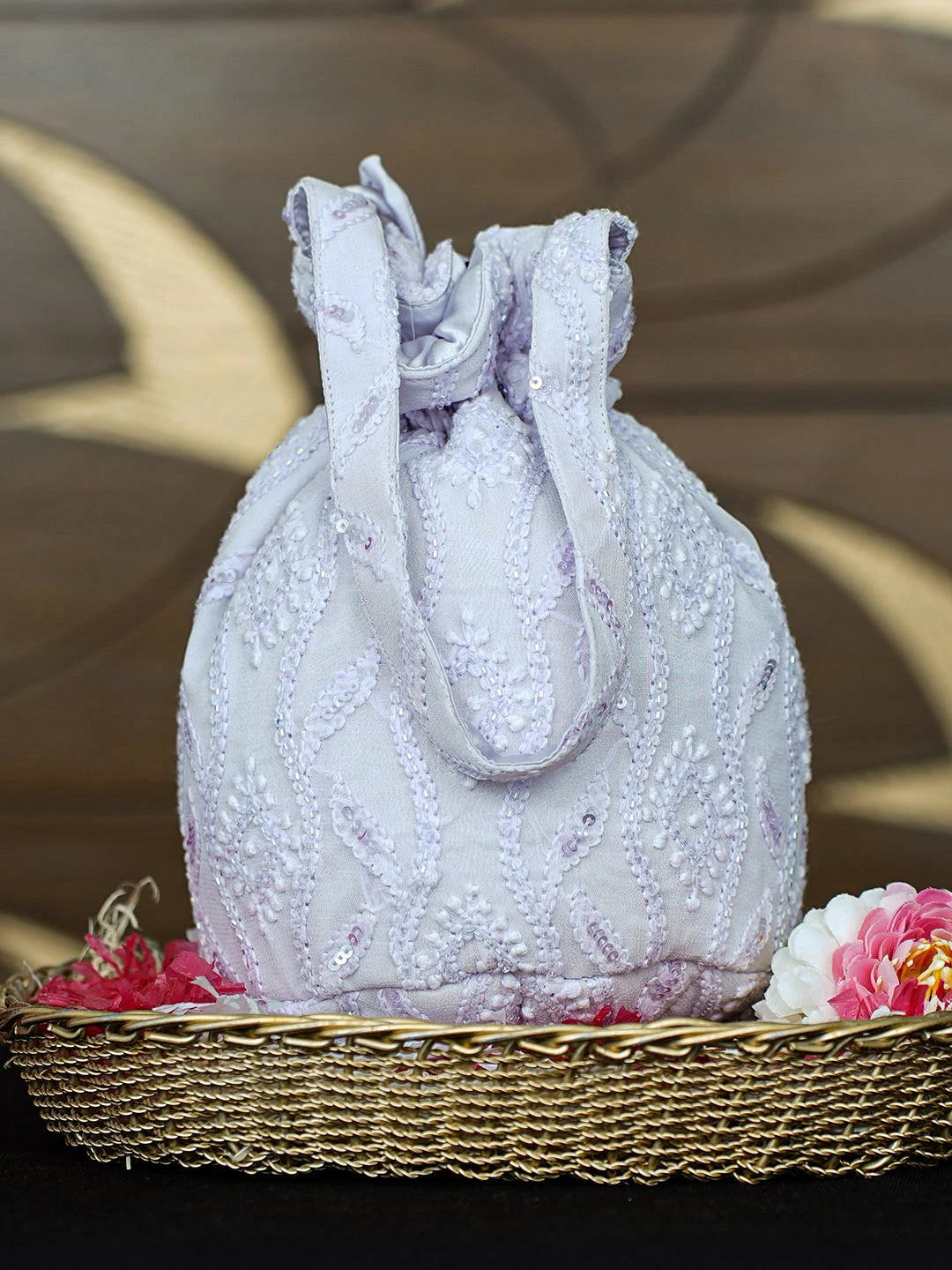 Ada Hand Embroidered Lavender Viscose Georgette Lucknowi Chikankari Potli Bag With Cutdana Work 01A955266