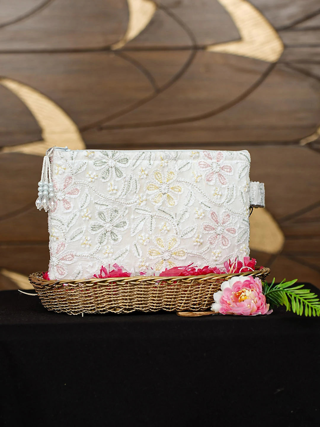 Ada Hand Embroidered White Ivory Viscose Georgette Lucknowi Chikankari Pouch with Cutdana Work 01A959764