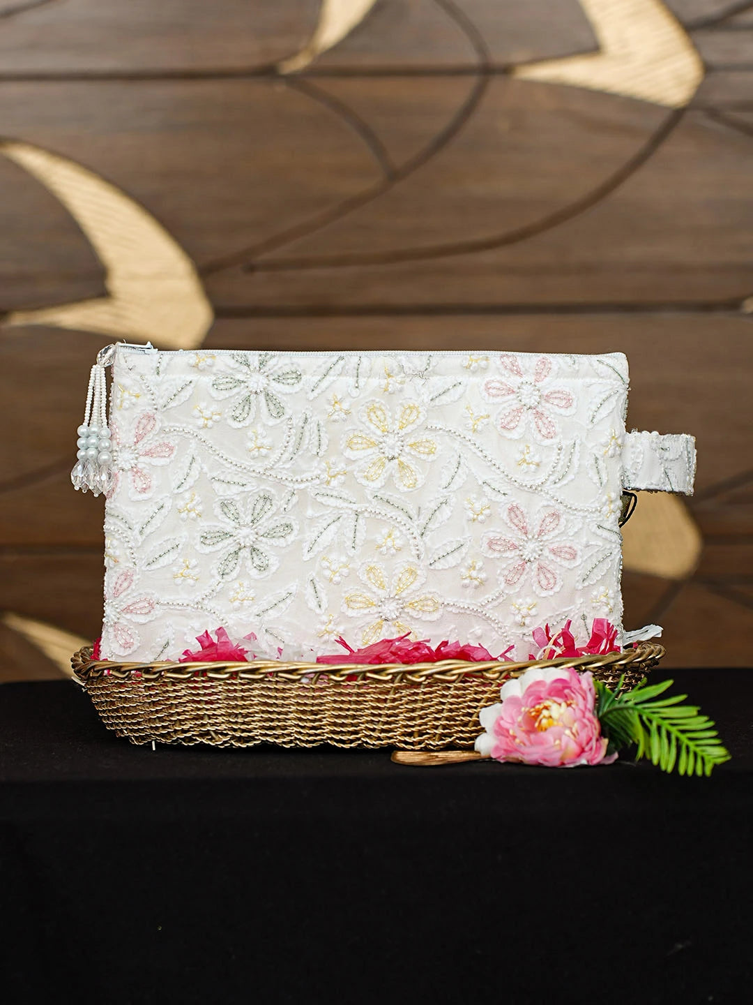 Ada Hand Embroidered White Ivory Viscose Georgette Lucknowi Chikankari Pouch with Cutdana Work 01A959764