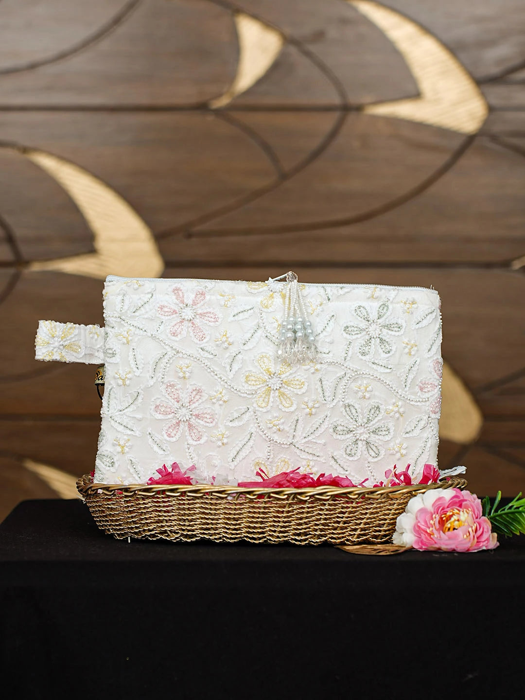 Ada Hand Embroidered White Ivory Viscose Georgette Lucknowi Chikankari Pouch with Cutdana Work 01A959764