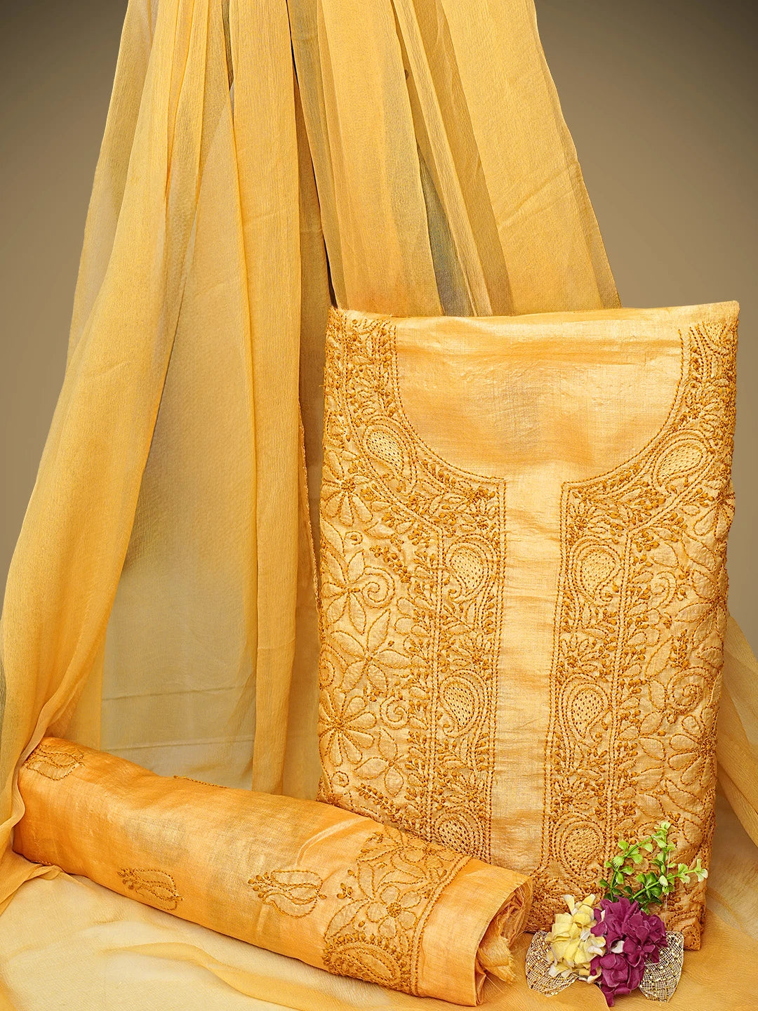 Ada Hand Embroidered Mustard Silk Lucknowi Chikankari Unstitched Suit Piece 01A965511
