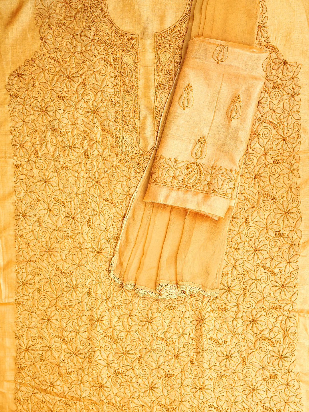 Ada Hand Embroidered Mustard Silk Lucknowi Chikankari Unstitched Suit Piece 01A965511
